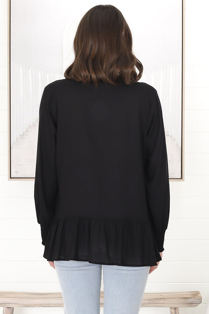 Nell Linen Top - A-Symmetric Detailed Button Down Shirt in Black
