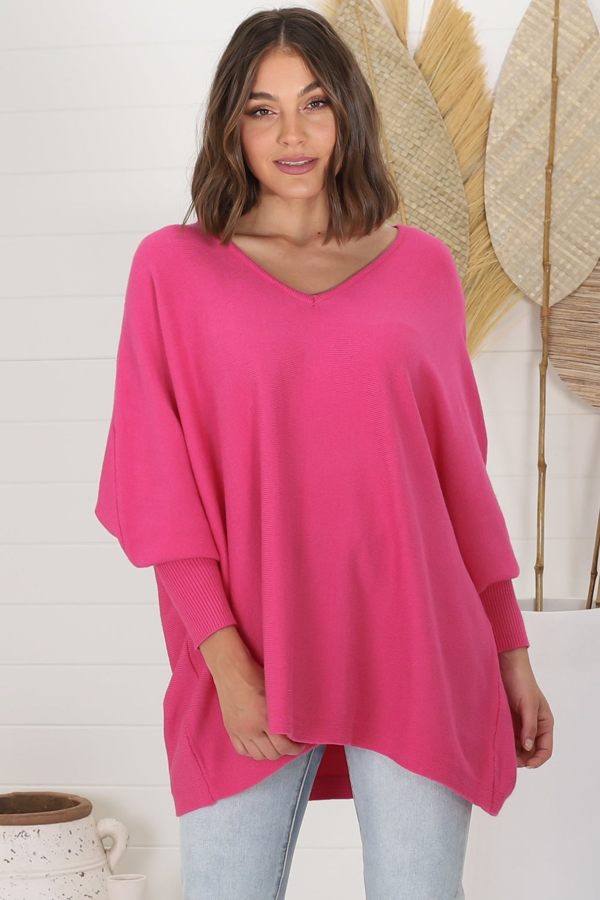 Pier Jumper - Oversized Batwing Knit Jumper in Hot Pink