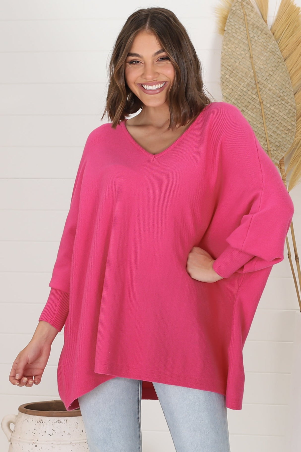 Pier Jumper - Oversized Batwing Knit Jumper in Hot Pink