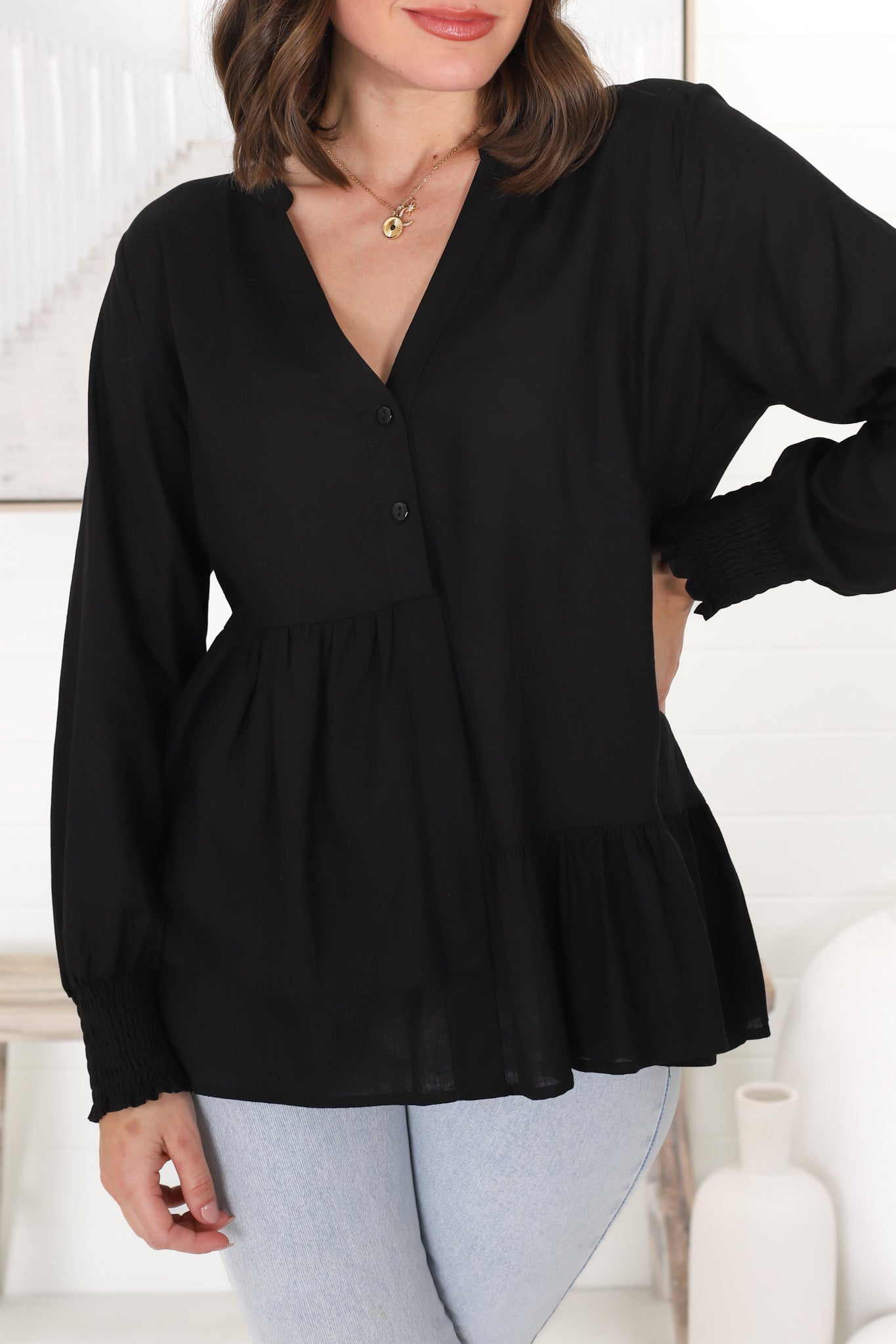 Nell Linen Top - A-Symmetric Detailed Button Down Shirt in Black