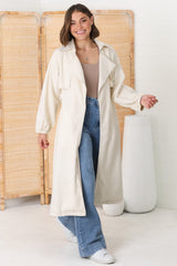 Blaze Denim Coat - Balloon Sleeve Wrap Trench Coat in Ecru