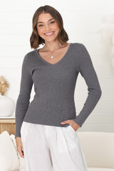 Rowland Knit Top - Ribbed V Neck Knit Top in Grey