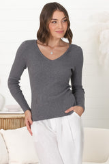 Rowland Knit Top - Ribbed V Neck Knit Top in Grey