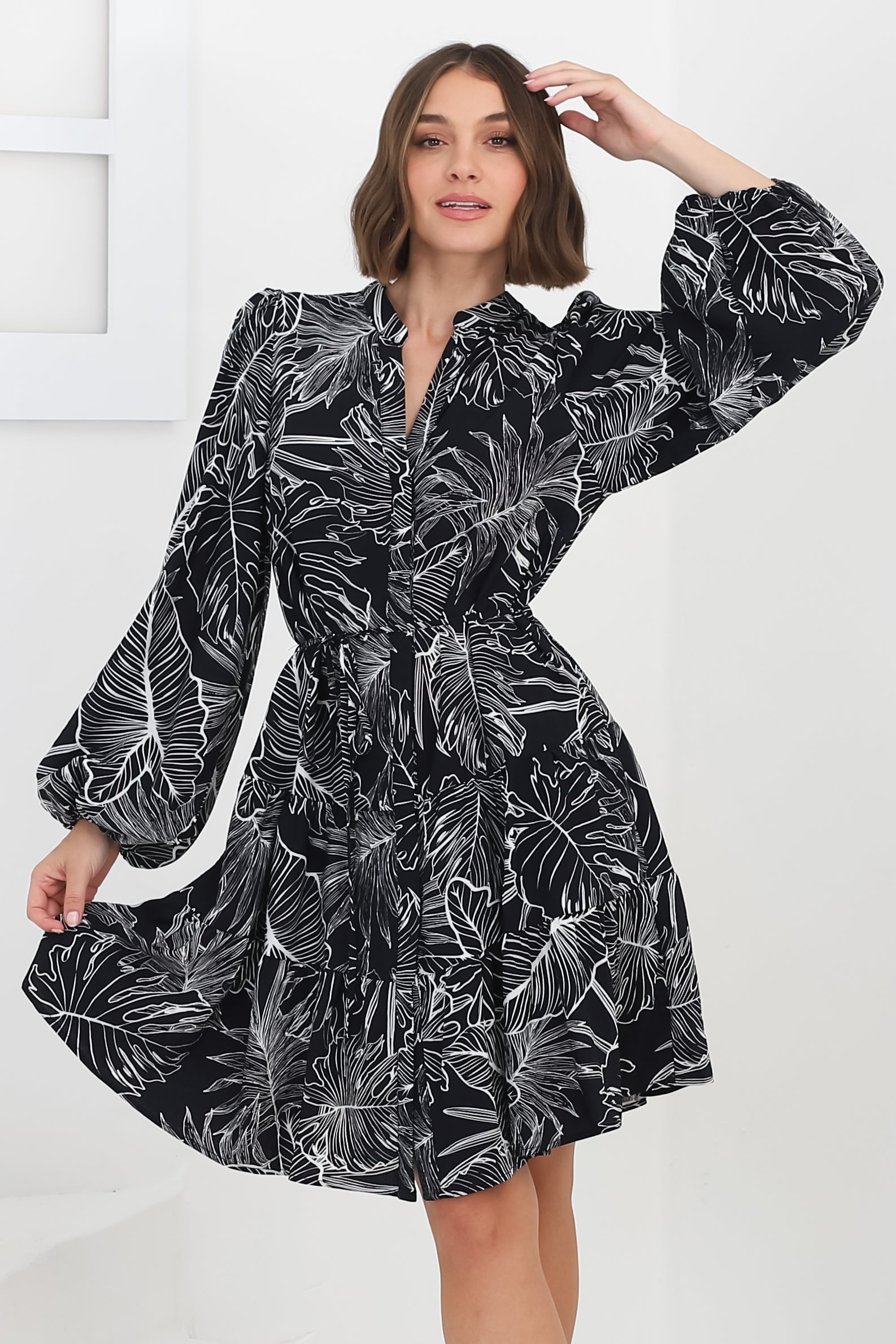 Cadell Mini Dress: Mandarin Collar Buttoned Down Dress Palm Print in Black