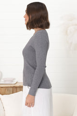 Rowland Knit Top - Ribbed V Neck Knit Top in Grey