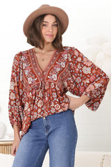 Joelle Top - V Neck High-Low Top in Anissa Print Rust