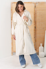 Blaze Denim Coat - Balloon Sleeve Wrap Trench Coat in Ecru