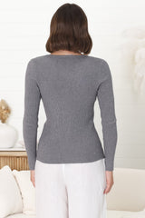 Rowland Knit Top - Ribbed V Neck Knit Top in Grey