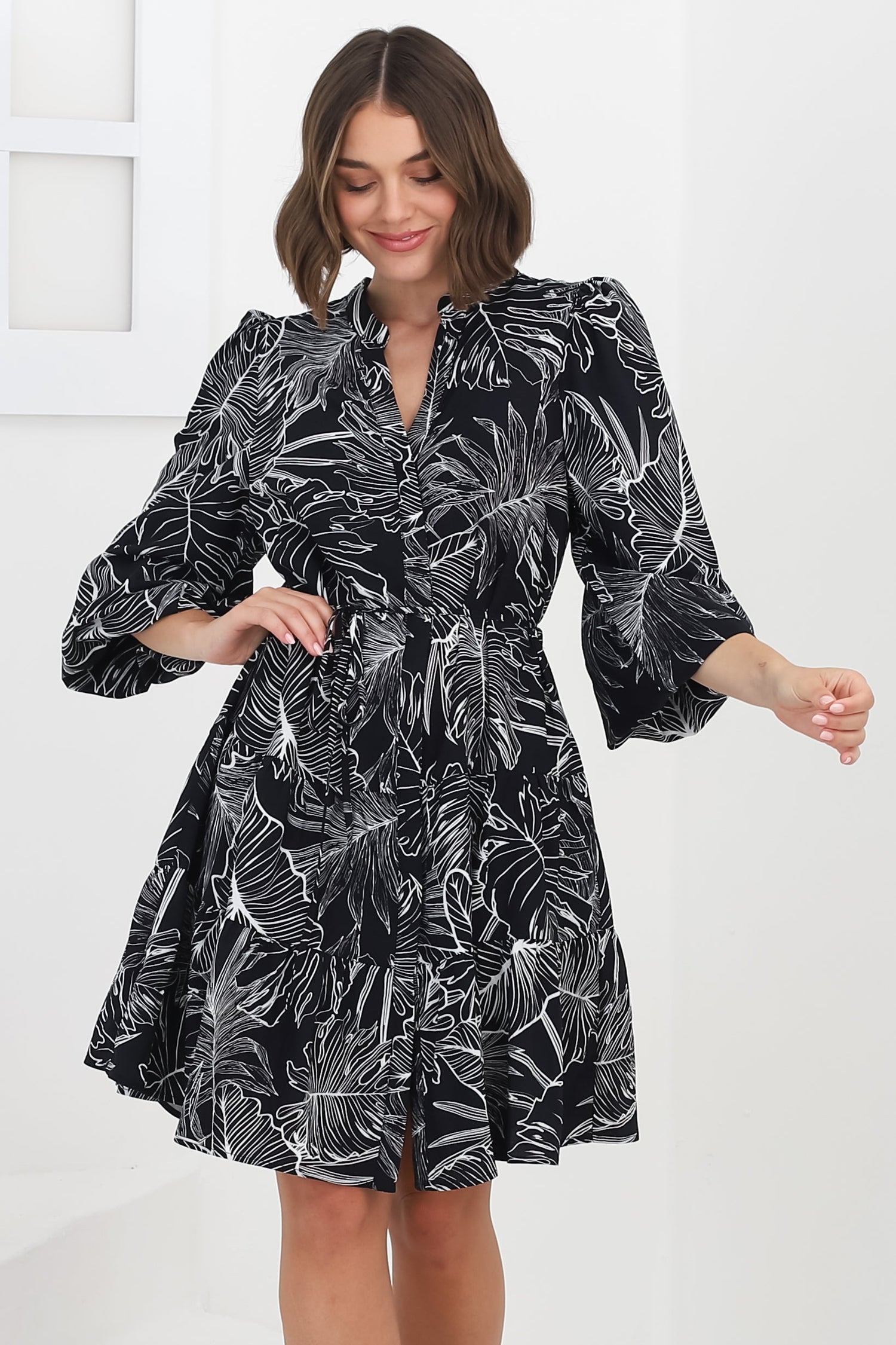 Cadell Mini Dress: Mandarin Collar Buttoned Down Dress Palm Print in Black