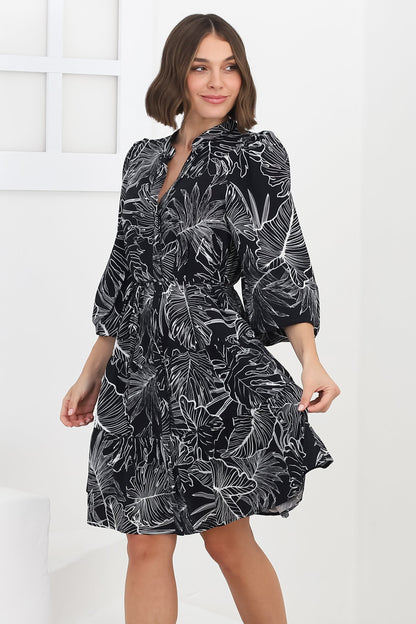 Cadell Mini Dress: Mandarin Collar Buttoned Down Dress Palm Print in Black