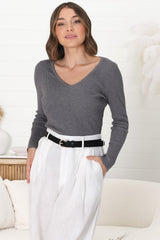 Rowland Knit Top - Ribbed V Neck Knit Top in Grey