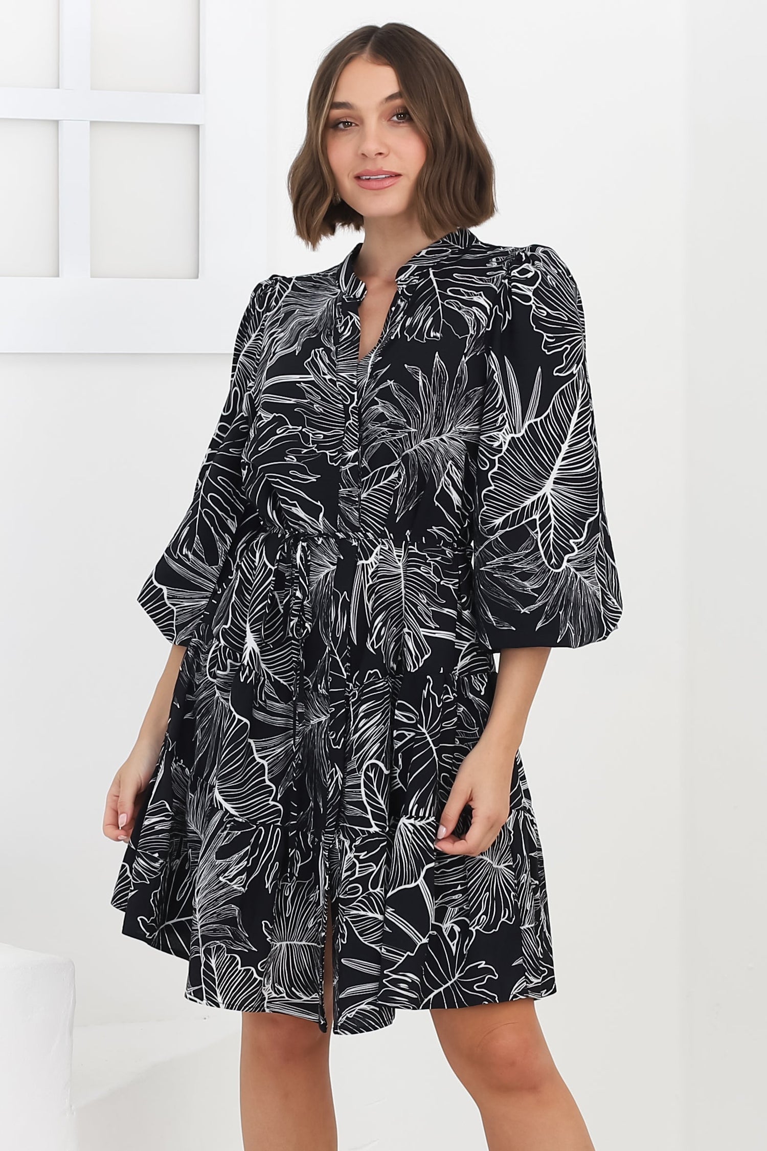 Cadell Mini Dress: Mandarin Collar Buttoned Down Dress Palm Print in Black