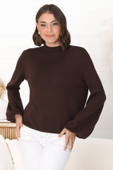 Tallum Knit Top - High Neck Knit Top with Balloon Sleeves in Chocolate