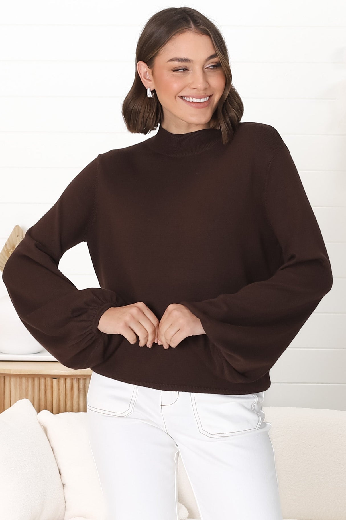 Tallum Knit Top - High Neck Knit Top with Balloon Sleeves in Chocolate