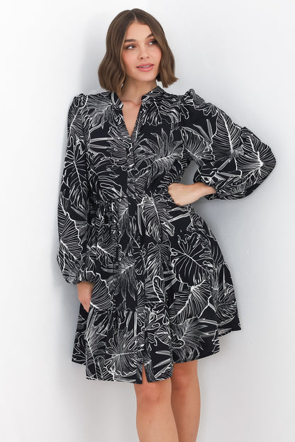 Cadell Mini Dress: Mandarin Collar Buttoned Down Dress Palm Print in Black