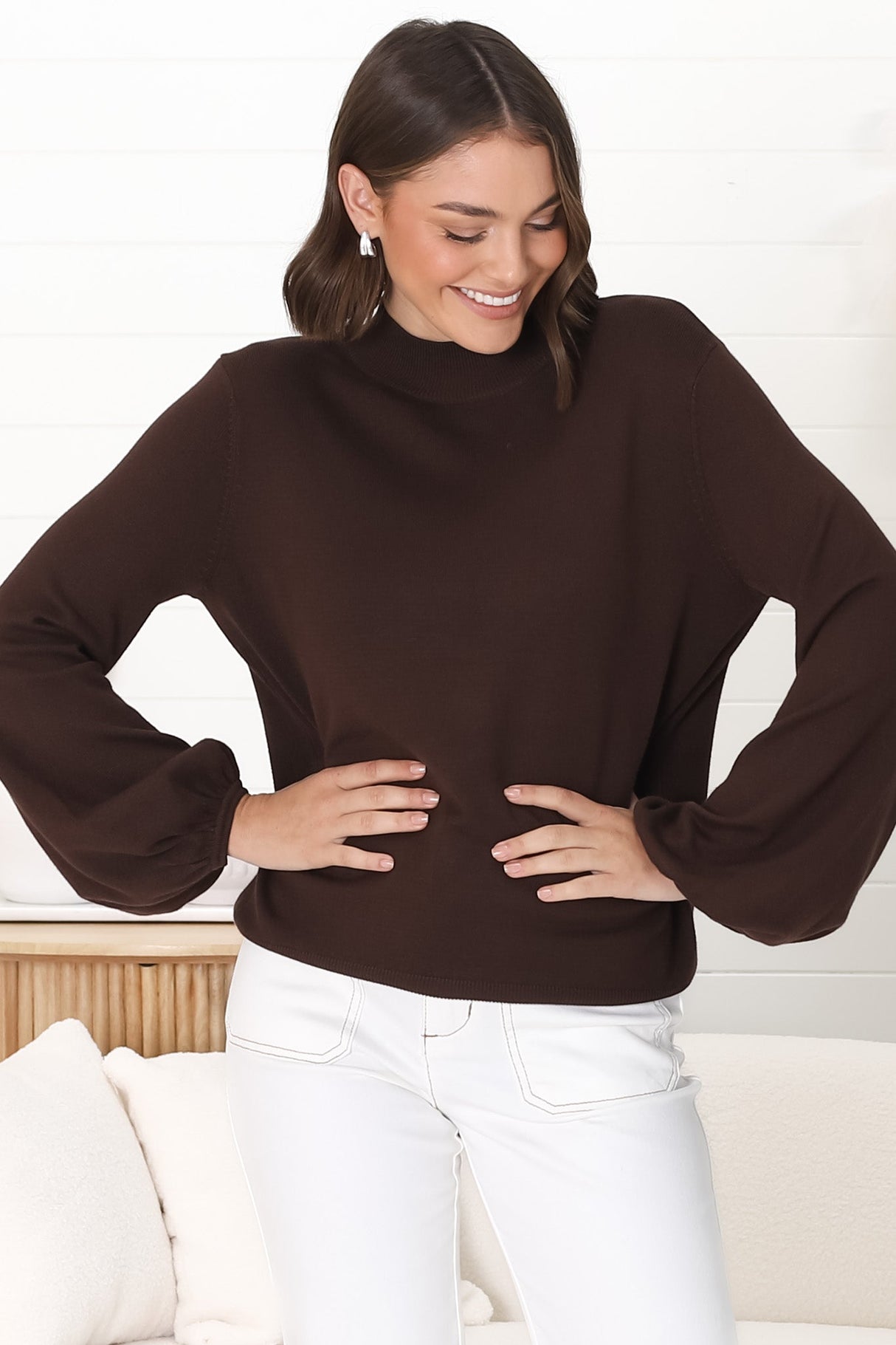 Tallum Knit Top - High Neck Knit Top with Balloon Sleeves in Chocolate