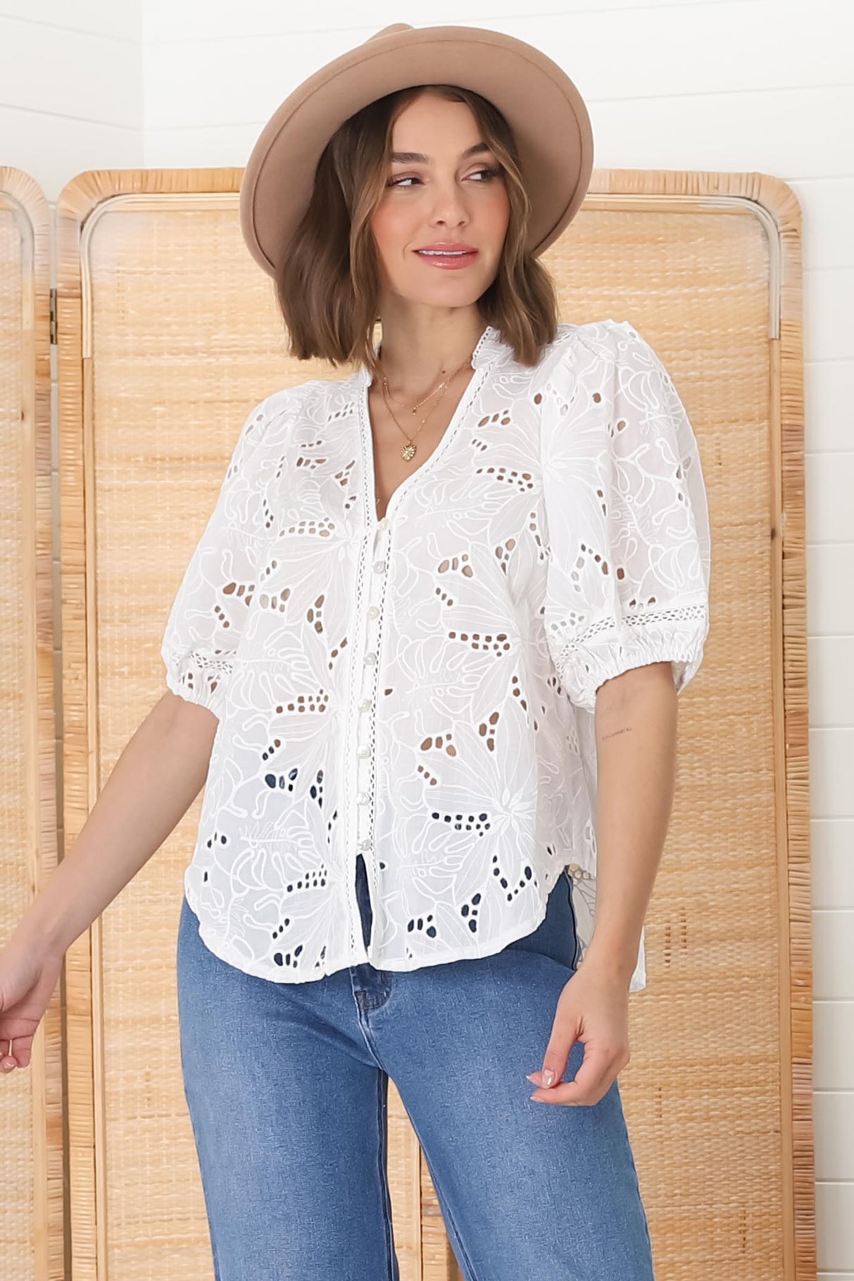 Clare Blouse - Hollow Out Embroidered Button Down Blouse in White