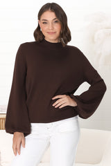 Tallum Knit Top - High Neck Knit Top with Balloon Sleeves in Chocolate