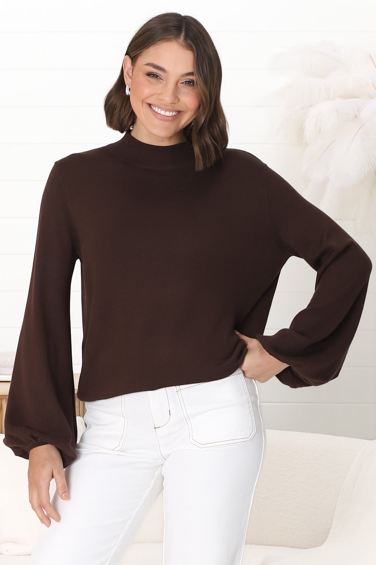 Tallum Knit Top - High Neck Knit Top with Balloon Sleeves in Chocolate