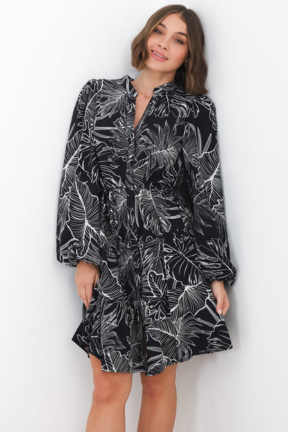 Cadell Mini Dress: Mandarin Collar Buttoned Down Dress Palm Print in Black