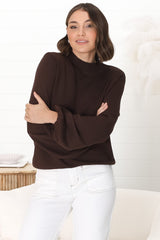 Tallum Knit Top - High Neck Knit Top with Balloon Sleeves in Chocolate