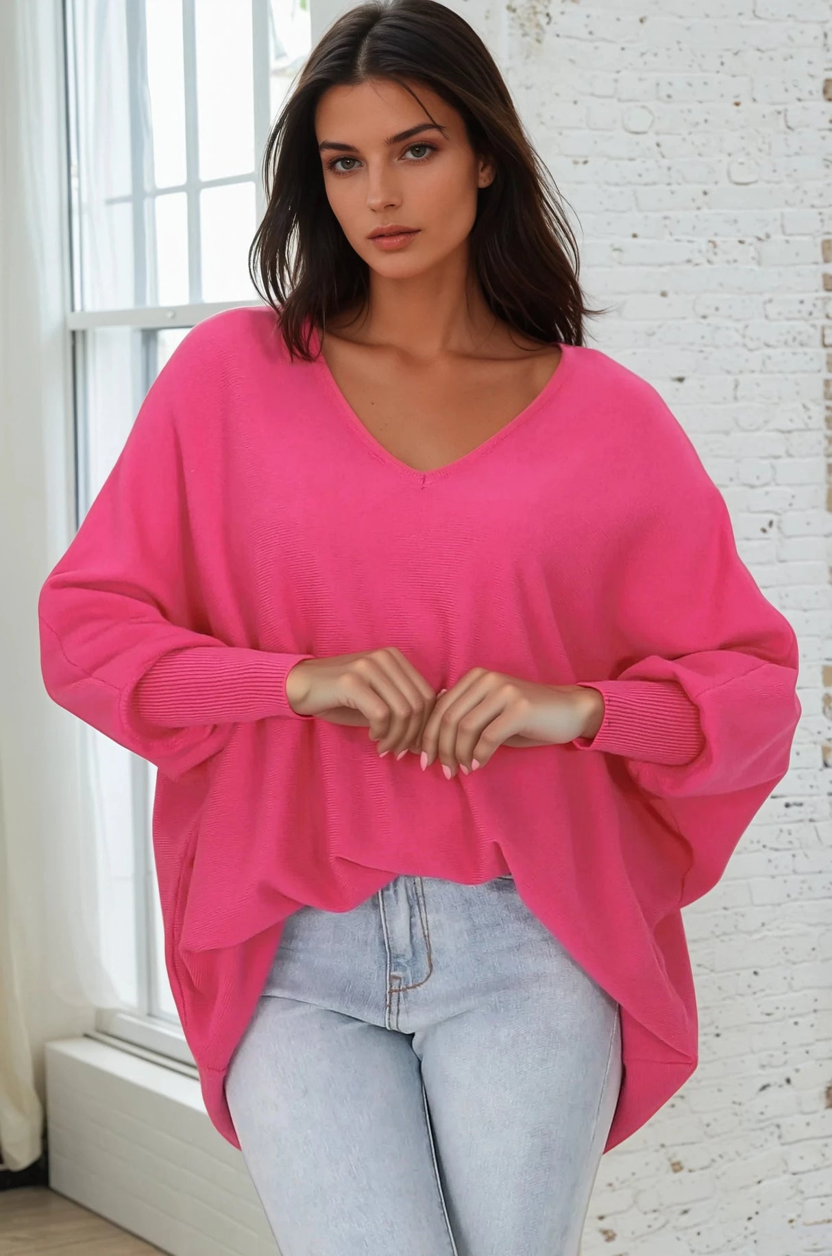 Pier Jumper - Oversized Batwing Knit Jumper in Hot Pink