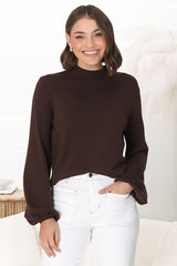 Tallum Knit Top - High Neck Knit Top with Balloon Sleeves in Chocolate