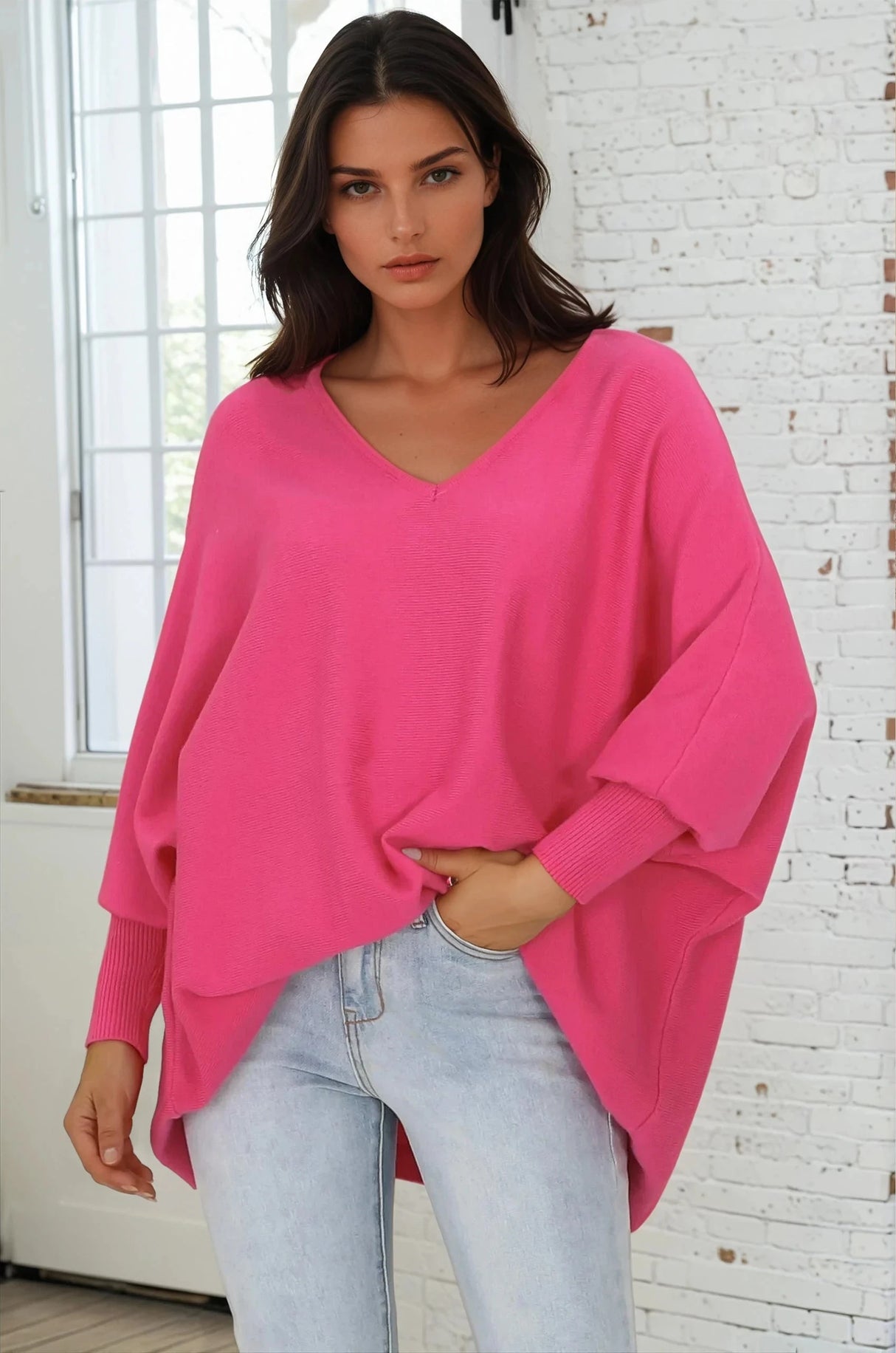 Pier Jumper - Oversized Batwing Knit Jumper in Hot Pink