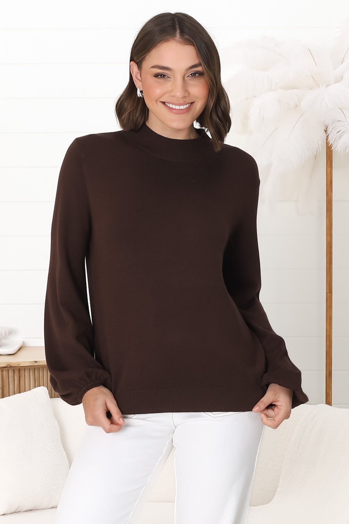 Tallum Knit Top - High Neck Knit Top with Balloon Sleeves in Chocolate