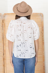 Clare Blouse - Hollow Out Embroidered Button Down Blouse in White