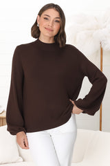 Tallum Knit Top - High Neck Knit Top with Balloon Sleeves in Chocolate