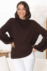 Tallum Knit Top - High Neck Knit Top with Balloon Sleeves in Chocolate