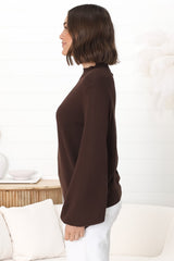 Tallum Knit Top - High Neck Knit Top with Balloon Sleeves in Chocolate