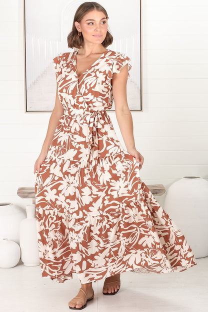 Tori Maxi Dress: Cross Over Bodice Dress with Flutter Sleeves and Matching Waist Tie in Charis Print Rust