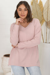 Mayanna Jumper - Light Weight V Neck Knit Jumper with Side Splits in Rose