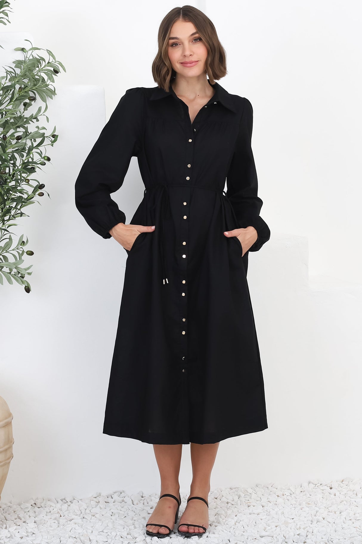 Waverly Midi Dress - Linen Button Down Dress in Black