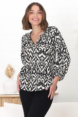 Silvie Blouse - Mandarin Collar V Neck Pull Over Blouse in Dayah Print Black