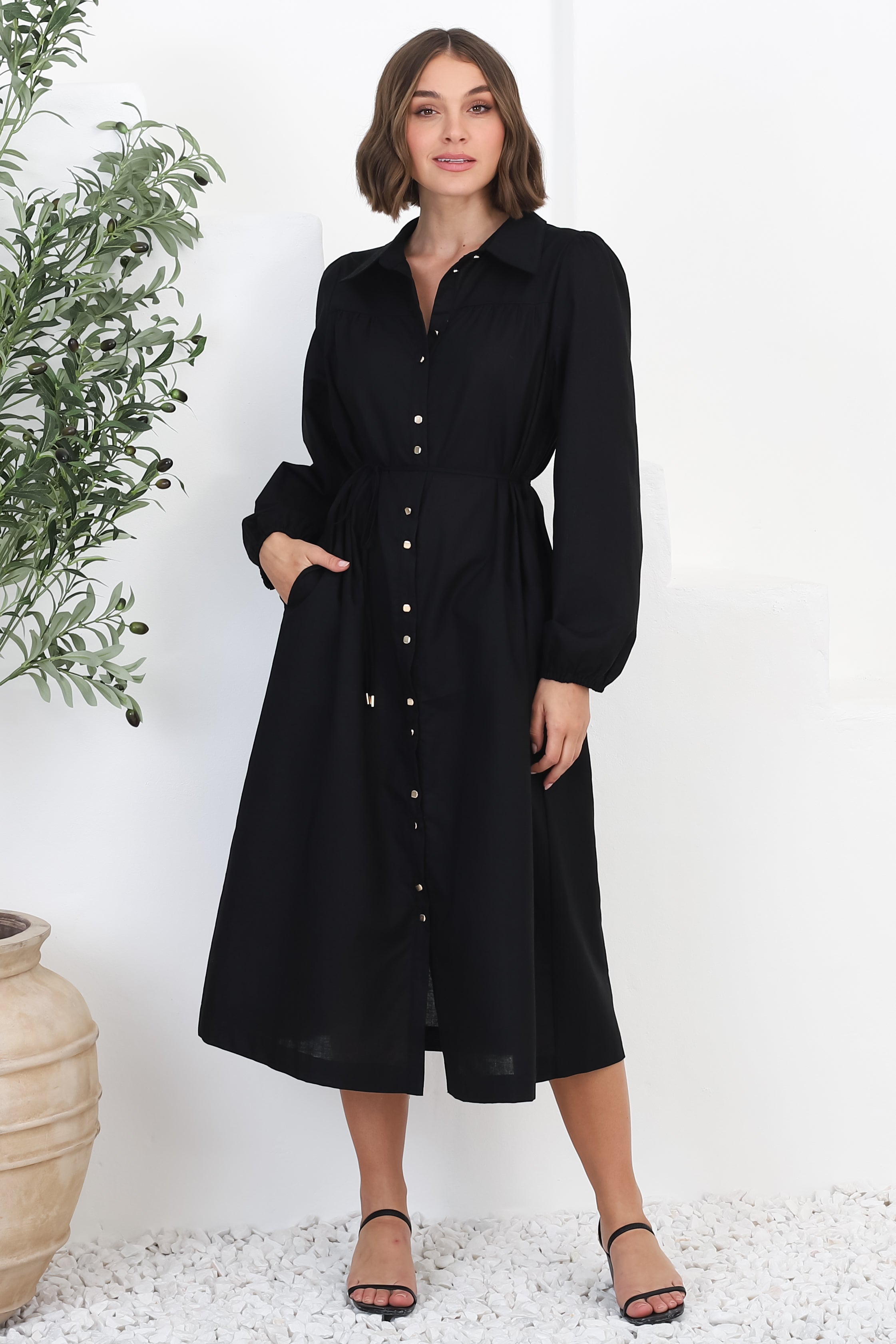 Waverly Midi Dress - Linen Button Down Dress in Black