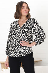 Silvie Blouse - Mandarin Collar V Neck Pull Over Blouse in Dayah Print Black