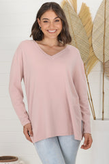 Mayanna Jumper - Light Weight V Neck Knit Jumper with Side Splits in Rose