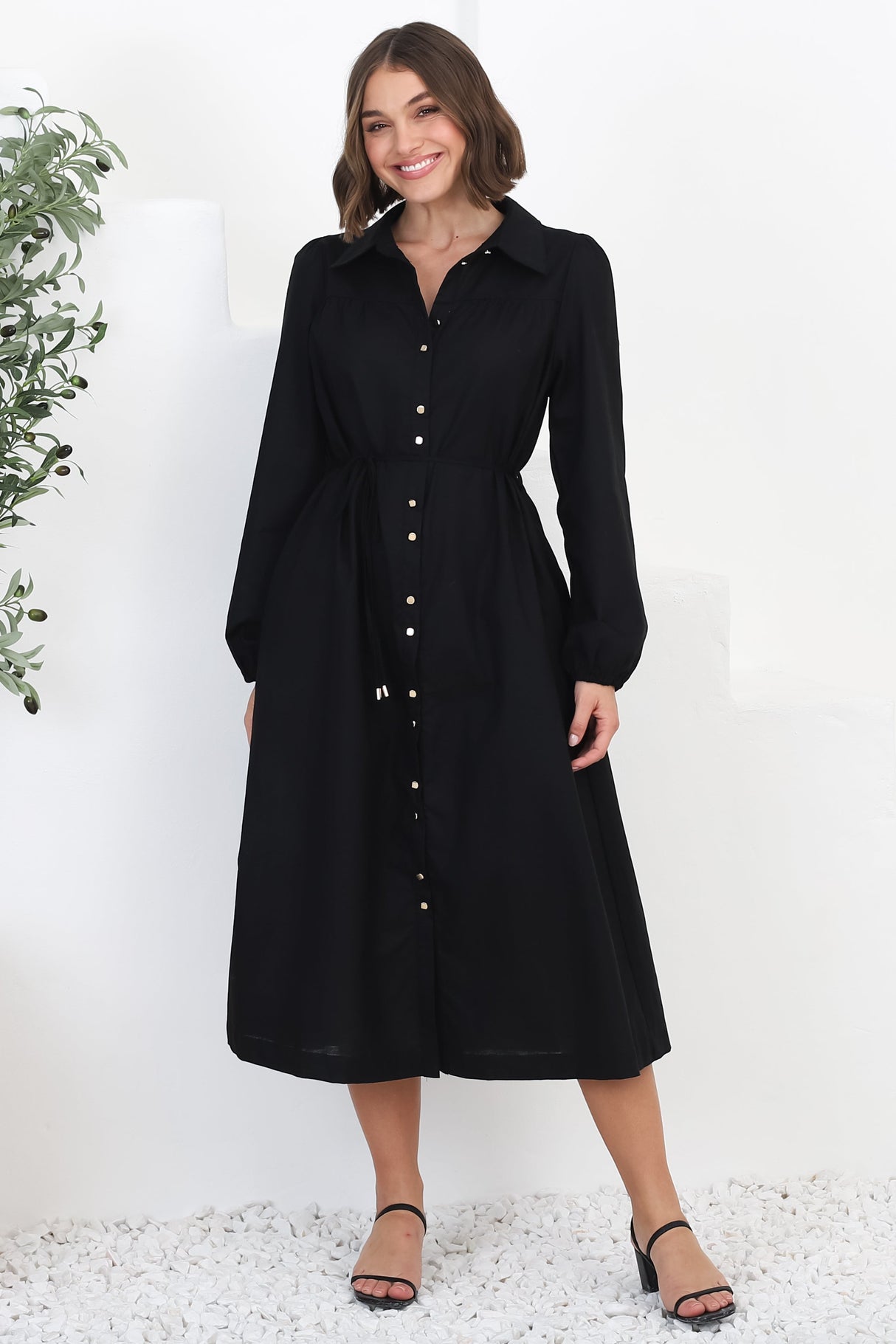 Waverly Midi Dress - Linen Button Down Dress in Black