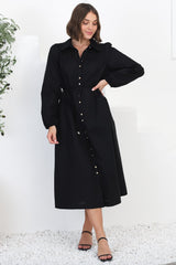 Waverly Midi Dress - Linen Button Down Dress in Black