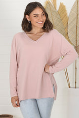 Mayanna Jumper - Lightweight V Neck Knit Jumper with Side Splits in Rose