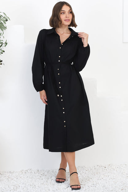 Waverly Midi Dress - Linen Button Down Dress in Black