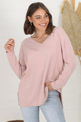 Mayanna Jumper - Light Weight V Neck Knit Jumper with Side Splits in Rose