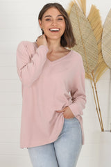 Mayanna Jumper - Light Weight V Neck Knit Jumper with Side Splits in Rose