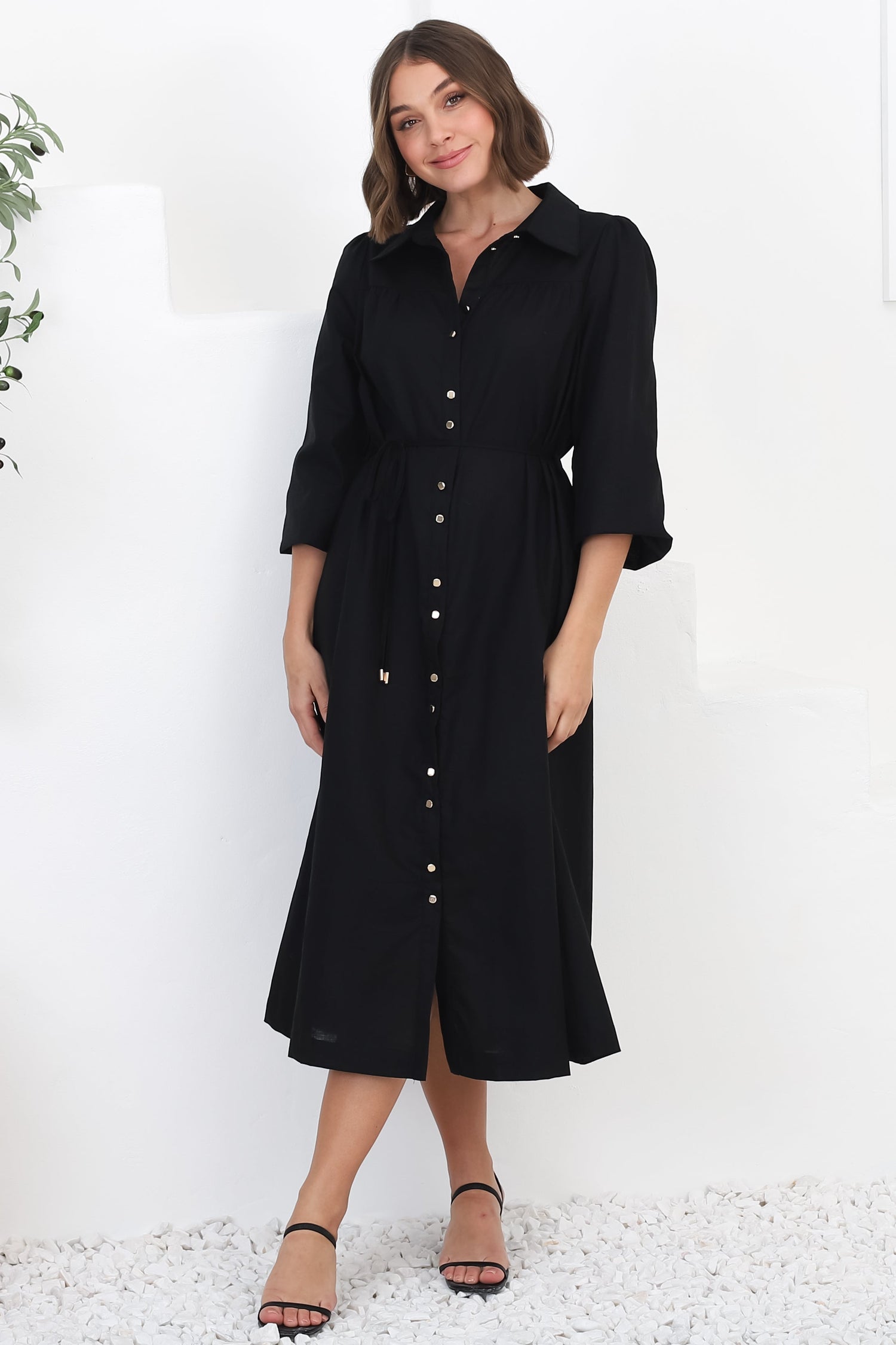 Waverly Midi Dress - Linen Button Down Dress in Black