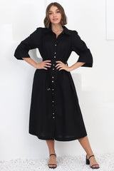 Waverly Midi Dress - Linen Button Down Dress in Black