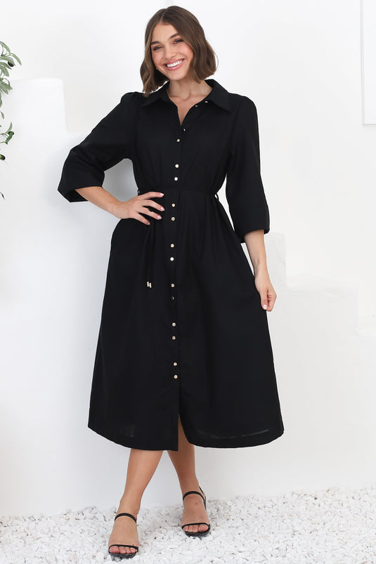 Waverly Midi Dress - Linen Button Down Dress in Black