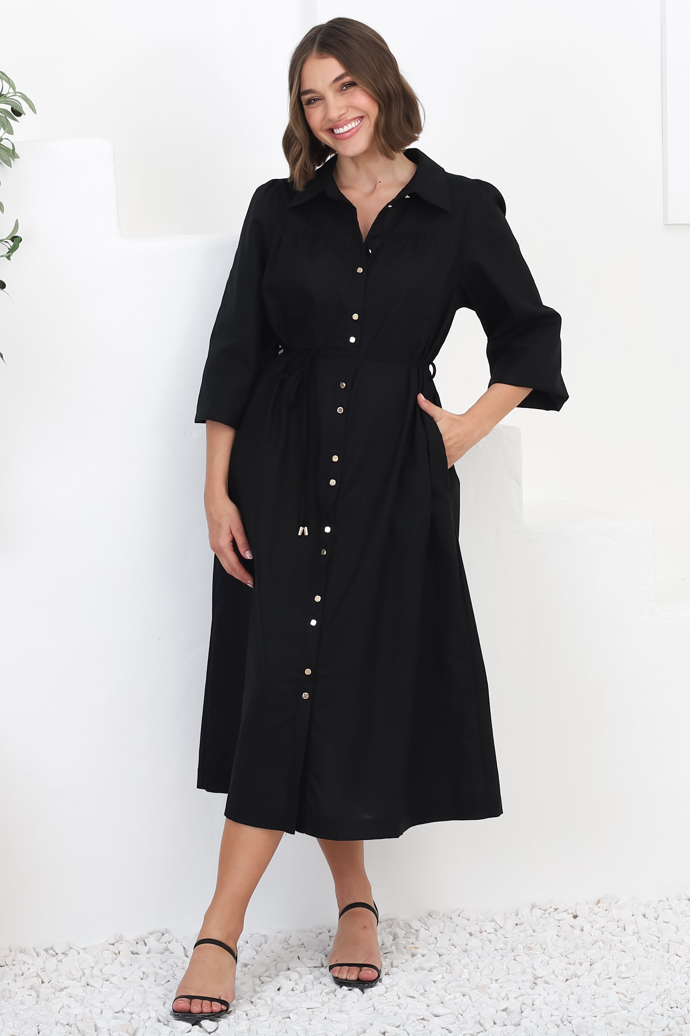 Waverly Midi Dress - Linen Button Down Dress in Black